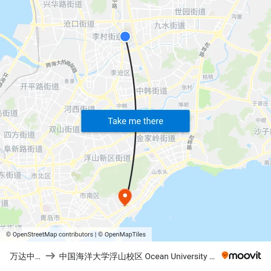 万达中央广场 to 中国海洋大学浮山校区 Ocean University of China (Fushan Campus) map