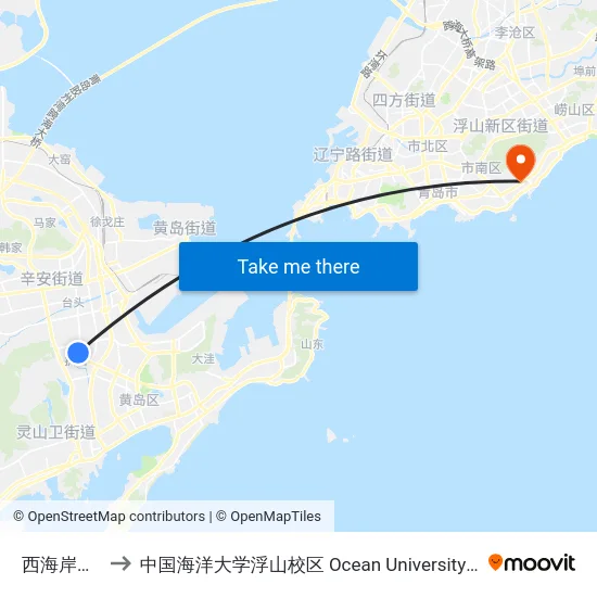 西海岸医疗中心 to 中国海洋大学浮山校区 Ocean University of China (Fushan Campus) map