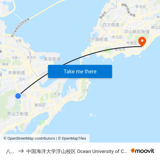 八里庄 to 中国海洋大学浮山校区 Ocean University of China (Fushan Campus) map