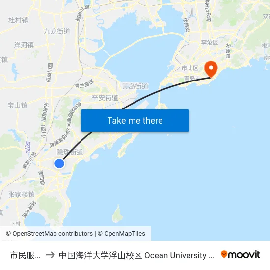 市民服务中心 to 中国海洋大学浮山校区 Ocean University of China (Fushan Campus) map