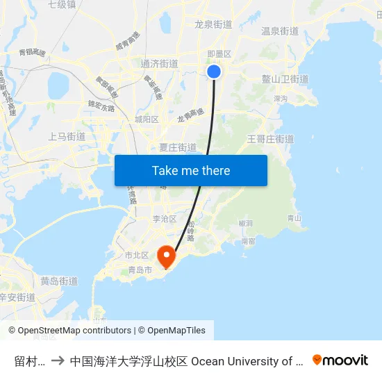 留村营房 to 中国海洋大学浮山校区 Ocean University of China (Fushan Campus) map