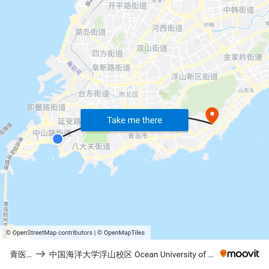 青医附院 to 中国海洋大学浮山校区 Ocean University of China (Fushan Campus) map