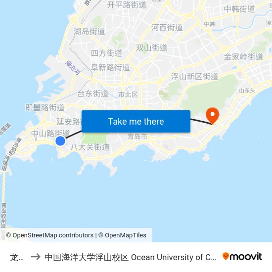 龙口路 to 中国海洋大学浮山校区 Ocean University of China (Fushan Campus) map