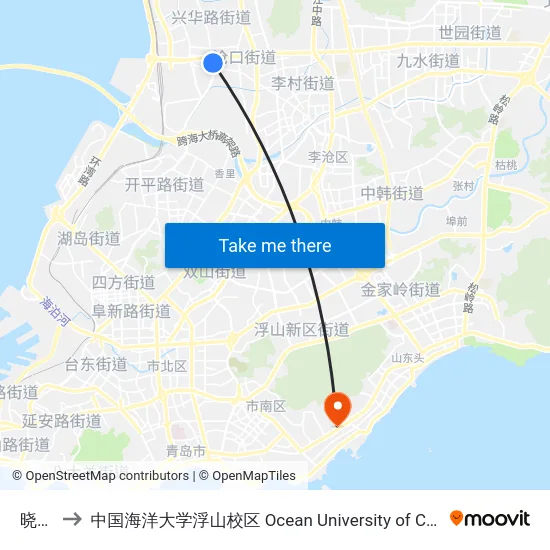晓翁村 to 中国海洋大学浮山校区 Ocean University of China (Fushan Campus) map
