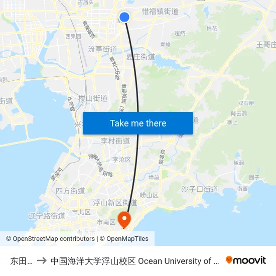 东田社区 to 中国海洋大学浮山校区 Ocean University of China (Fushan Campus) map