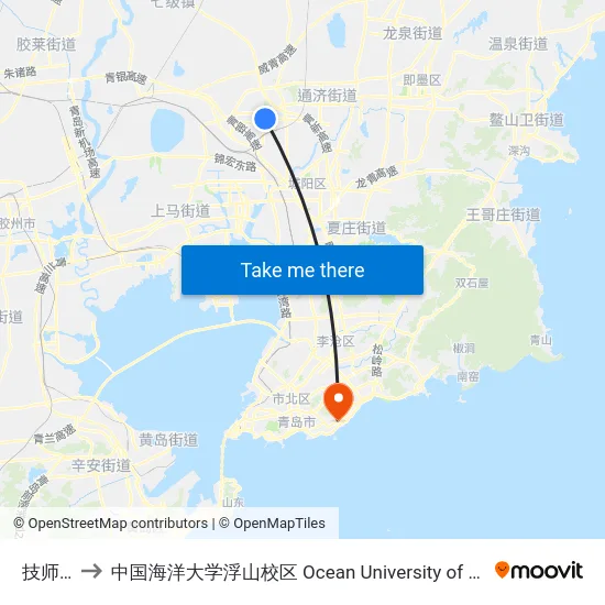 技师学院 to 中国海洋大学浮山校区 Ocean University of China (Fushan Campus) map