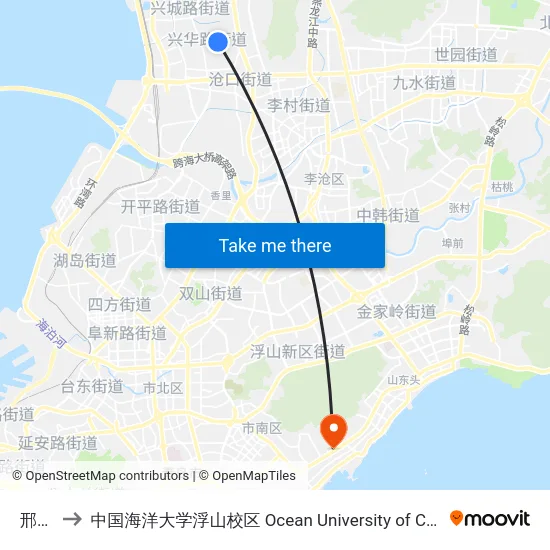 邢台路 to 中国海洋大学浮山校区 Ocean University of China (Fushan Campus) map