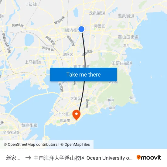 新家园超市 to 中国海洋大学浮山校区 Ocean University of China (Fushan Campus) map
