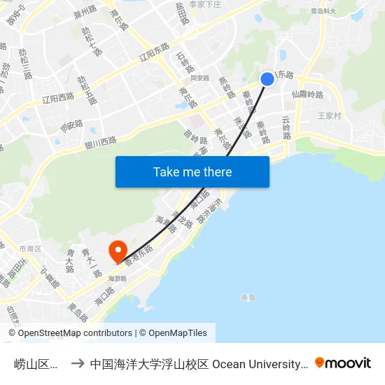 崂山区政府北门 to 中国海洋大学浮山校区 Ocean University of China (Fushan Campus) map