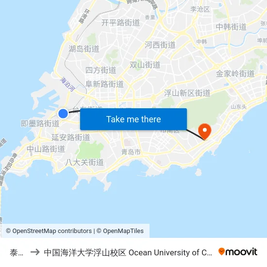 泰山路 to 中国海洋大学浮山校区 Ocean University of China (Fushan Campus) map