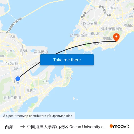 西海岸医院 to 中国海洋大学浮山校区 Ocean University of China (Fushan Campus) map