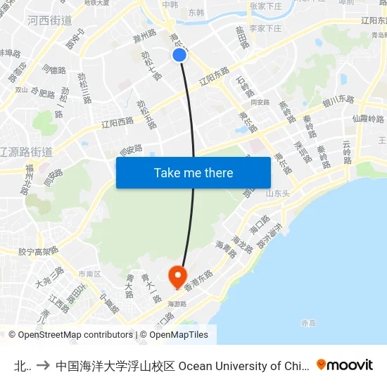 北村 to 中国海洋大学浮山校区 Ocean University of China (Fushan Campus) map