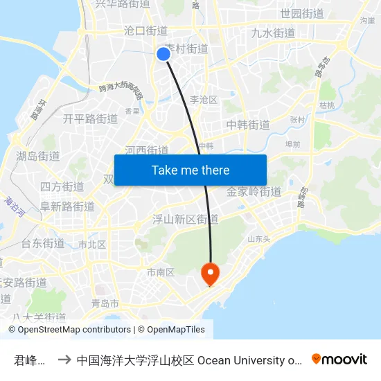 君峰路北站 to 中国海洋大学浮山校区 Ocean University of China (Fushan Campus) map