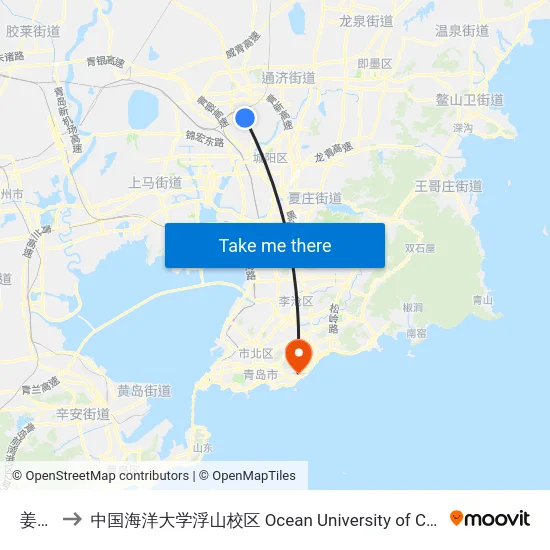 姜戈庄 to 中国海洋大学浮山校区 Ocean University of China (Fushan Campus) map
