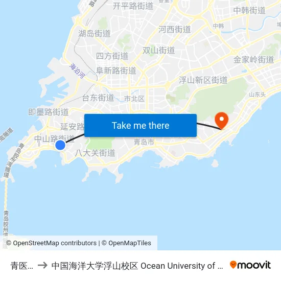 青医附院 to 中国海洋大学浮山校区 Ocean University of China (Fushan Campus) map