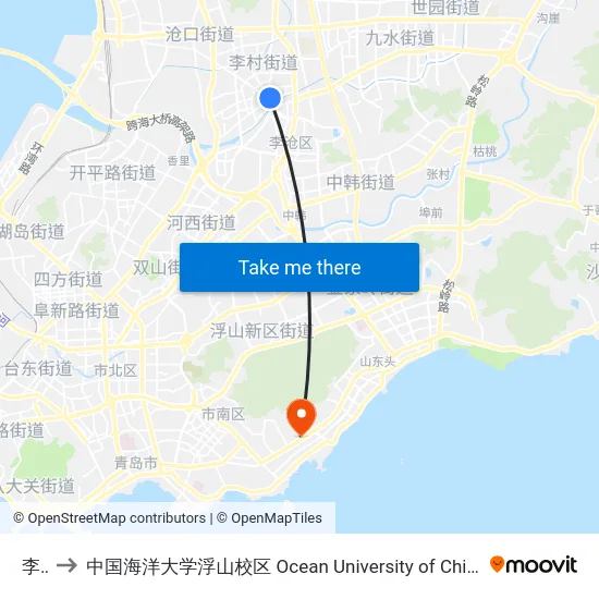 李村 to 中国海洋大学浮山校区 Ocean University of China (Fushan Campus) map