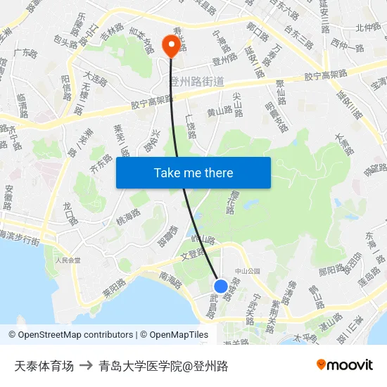 天泰体育场 to 青岛大学医学院@登州路 map