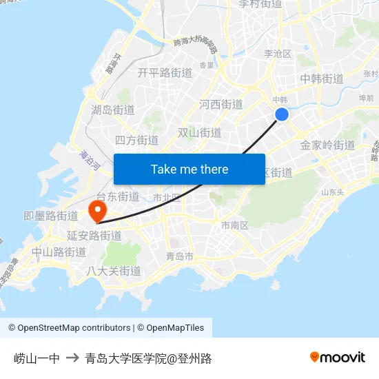 崂山一中 to 青岛大学医学院@登州路 map