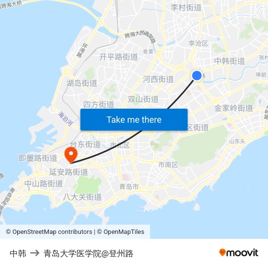 中韩 to 青岛大学医学院@登州路 map