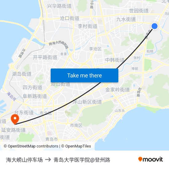 海大崂山停车场 to 青岛大学医学院@登州路 map