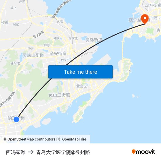 西冯家滩 to 青岛大学医学院@登州路 map