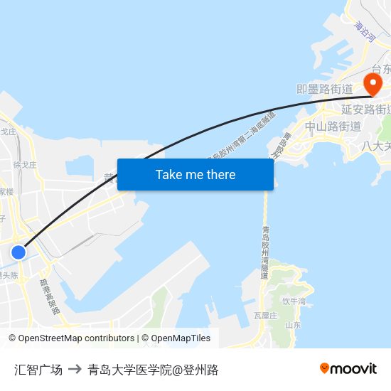 汇智广场 to 青岛大学医学院@登州路 map