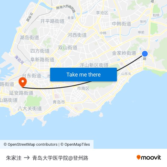 朱家洼 to 青岛大学医学院@登州路 map