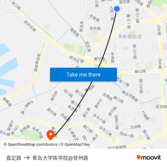 嘉定路 to 青岛大学医学院@登州路 map