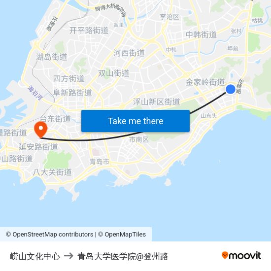崂山文化中心 to 青岛大学医学院@登州路 map
