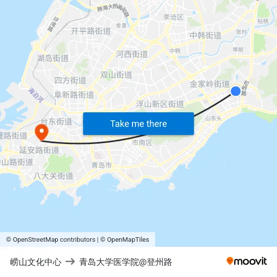 崂山文化中心 to 青岛大学医学院@登州路 map