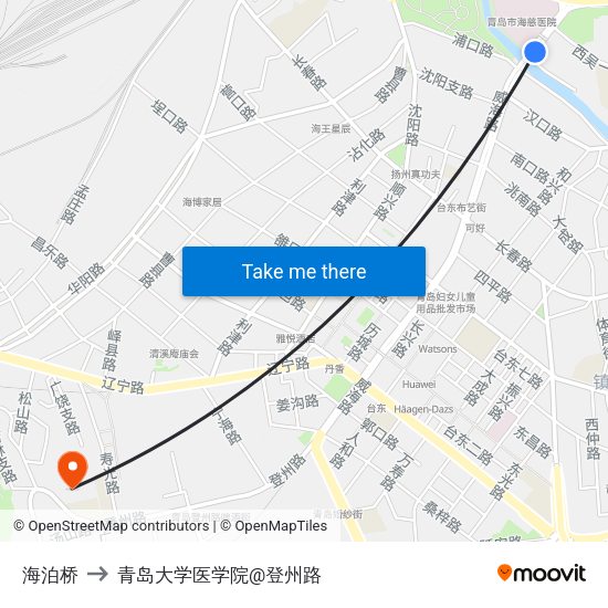 海泊桥 to 青岛大学医学院@登州路 map