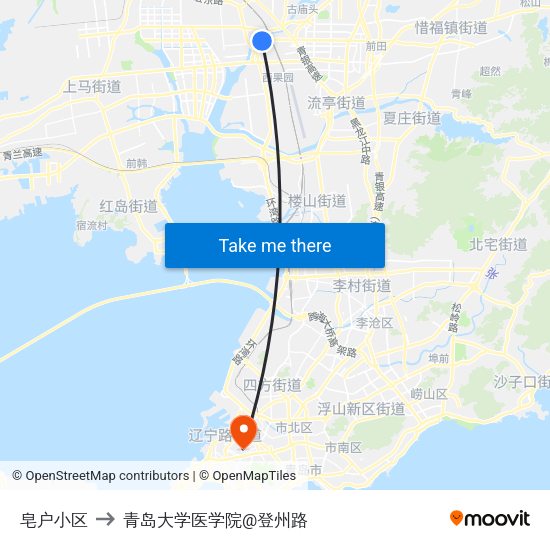 皂户小区 to 青岛大学医学院@登州路 map