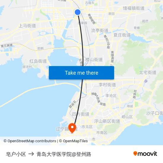 皂户小区 to 青岛大学医学院@登州路 map