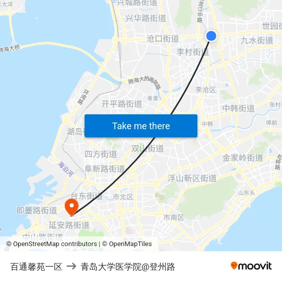 百通馨苑一区 to 青岛大学医学院@登州路 map