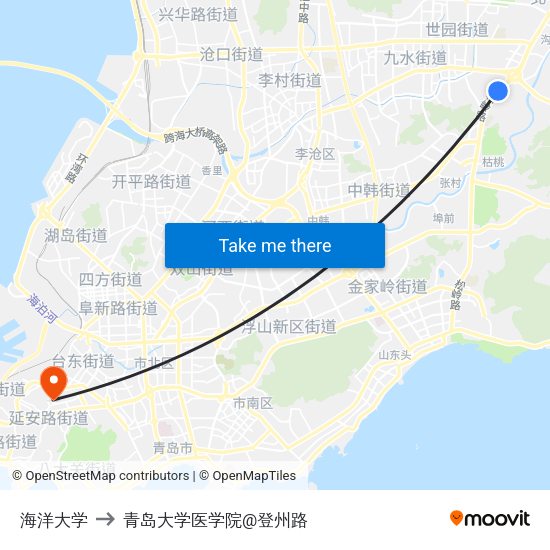 海洋大学 to 青岛大学医学院@登州路 map