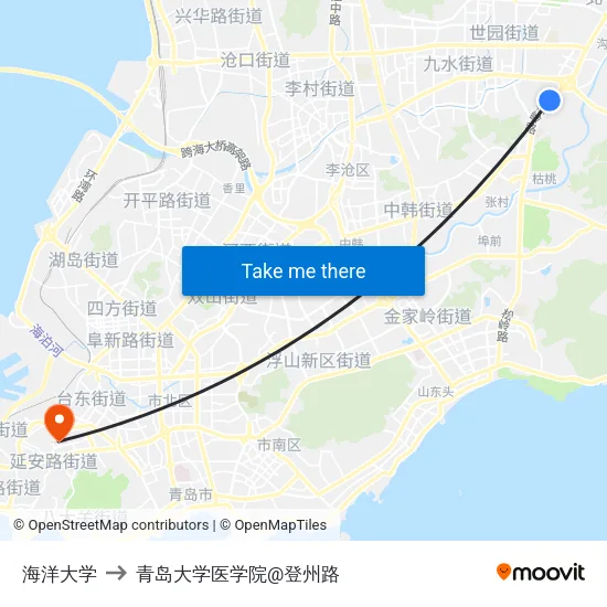 海洋大学 to 青岛大学医学院@登州路 map