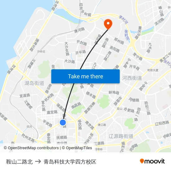 鞍山二路北 to 青岛科技大学四方校区 map