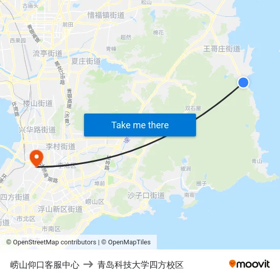 崂山仰口客服中心 to 青岛科技大学四方校区 map