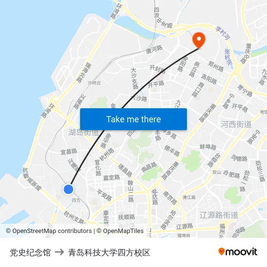 党史纪念馆 to 青岛科技大学四方校区 map