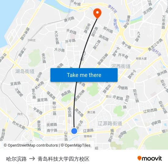 哈尔滨路 to 青岛科技大学四方校区 map