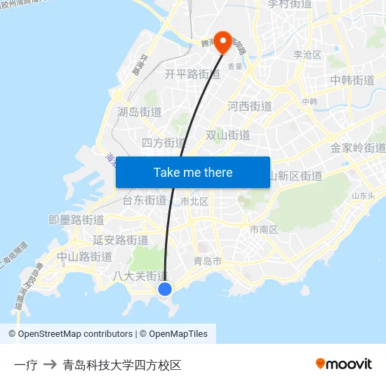 一疗 to 青岛科技大学四方校区 map