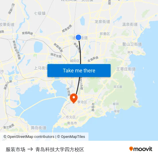 服装市场 to 青岛科技大学四方校区 map