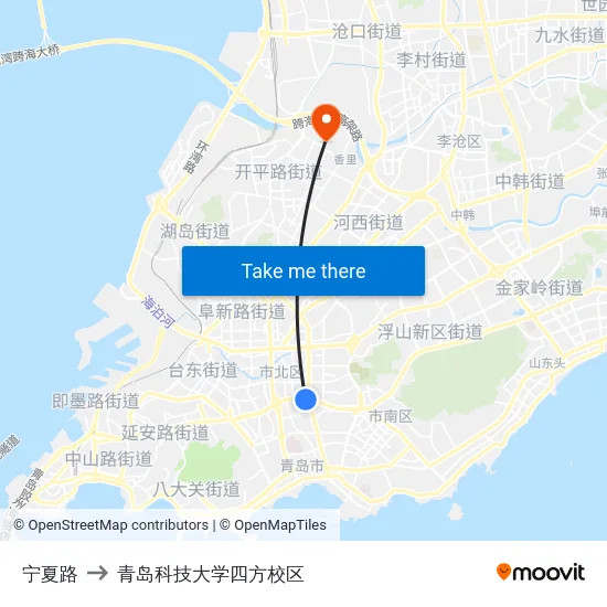 宁夏路 to 青岛科技大学四方校区 map