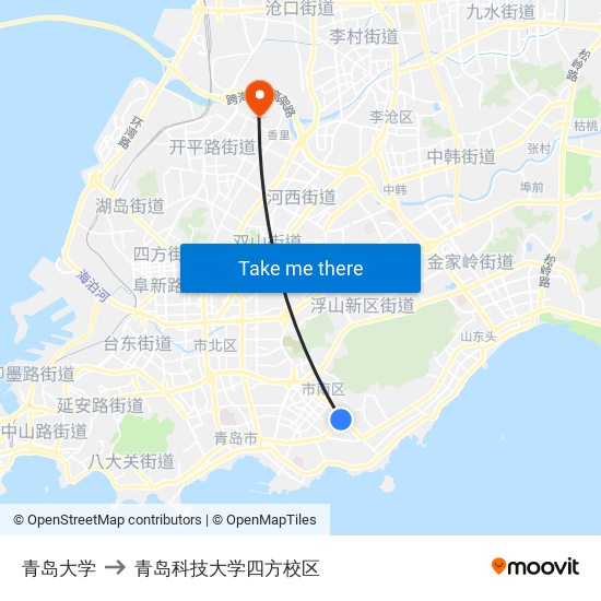 青岛大学 to 青岛科技大学四方校区 map