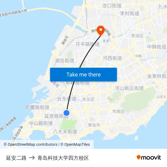 延安二路 to 青岛科技大学四方校区 map