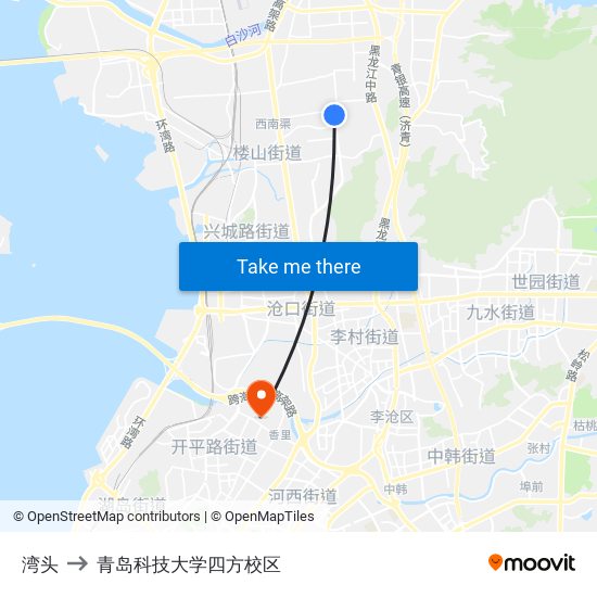 湾头 to 青岛科技大学四方校区 map