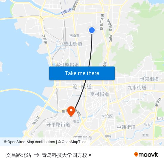 文昌路北站 to 青岛科技大学四方校区 map