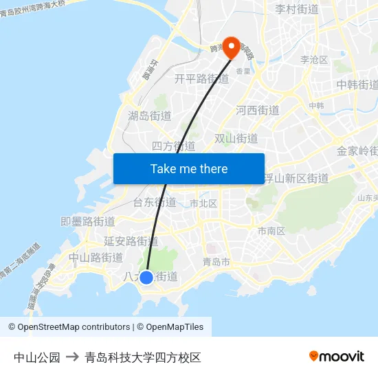 中山公园 to 青岛科技大学四方校区 map