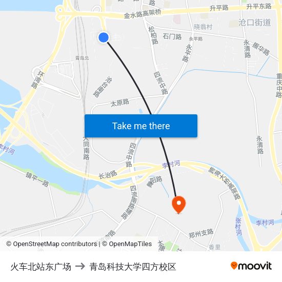 火车北站东广场 to 青岛科技大学四方校区 map