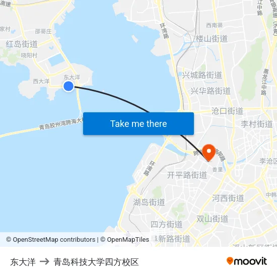 东大洋 to 青岛科技大学四方校区 map